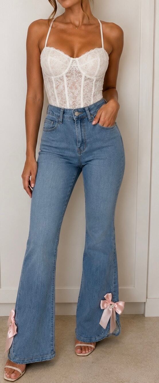 Rowme Kawaii Bow Detail Split Hem Flare Leg Jeans XS 2 Denim pink bows
